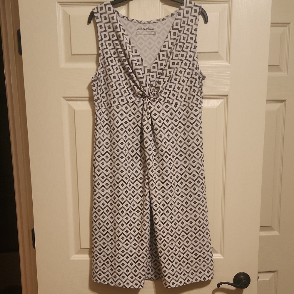 Eddie Bauer Gray & White Geometric Sleeveless Dress, Large